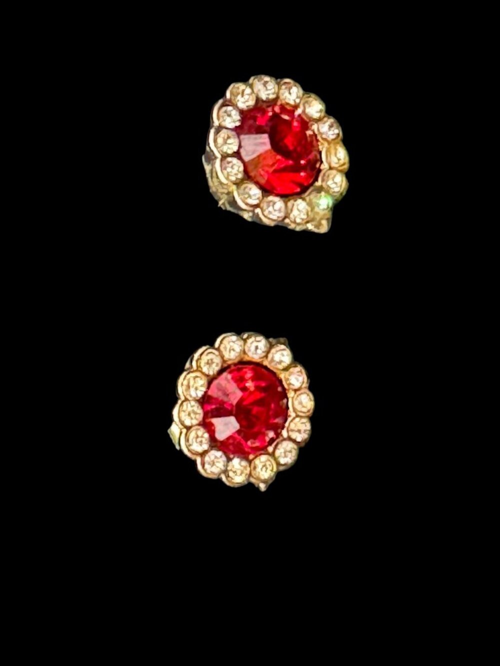 Gold Tone Stud Earrings Pierced Red and Clear Rhinestone - Picture 10 of 10
